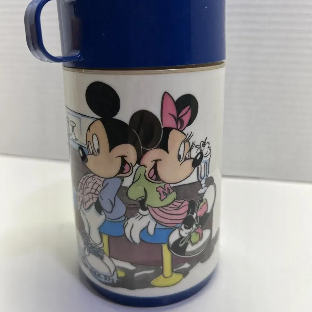 VTG Mickey & Minnie Mouse Blue Thermos Aladdin With Bottle, Screw On Cap,Lid/Cup - Picture 4 of 7
